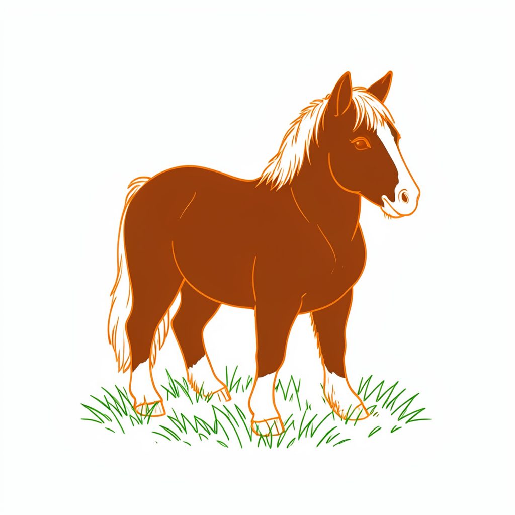 Line drawing of a miniature Shetland pony with a dark chestnut coat and white blaze, standing on short green grass