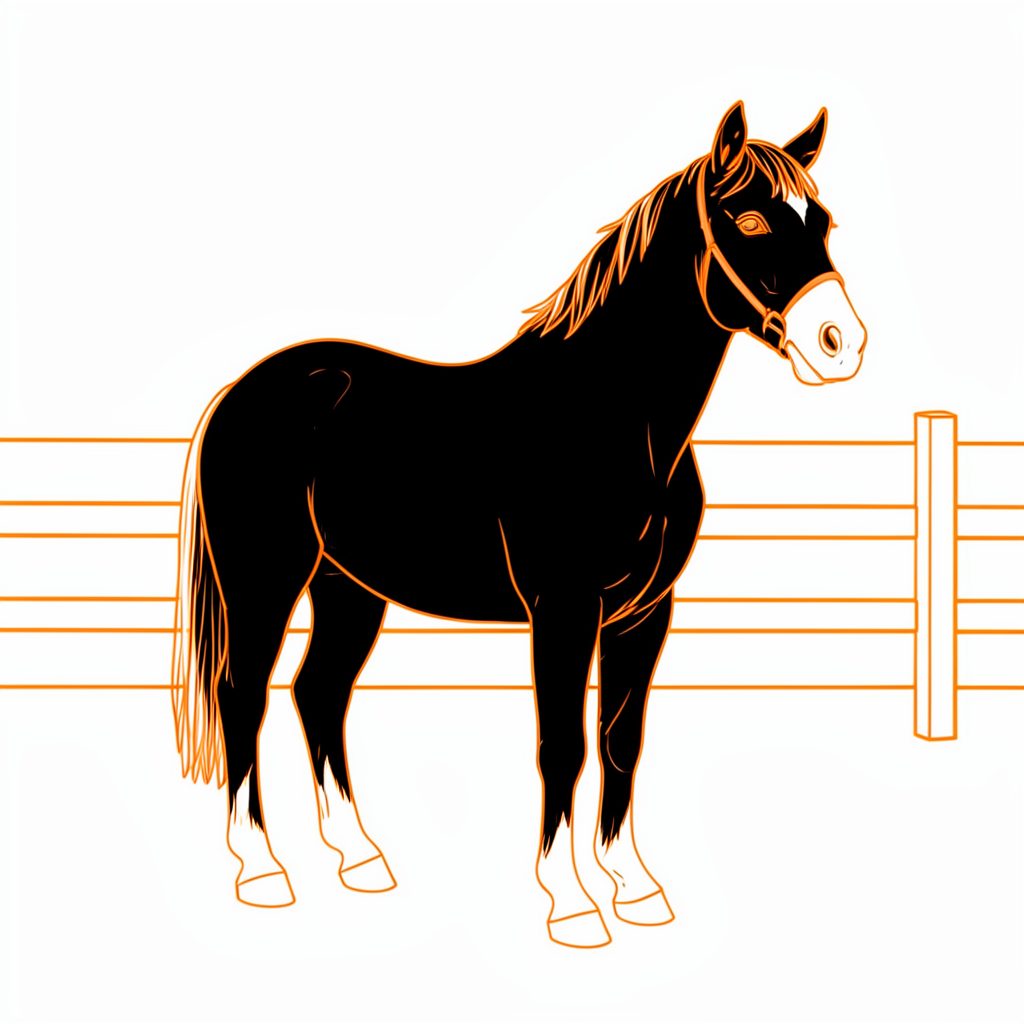 Line drawing of a standard Shetland pony mare with a black coat, calm stance, and a simple fence behind