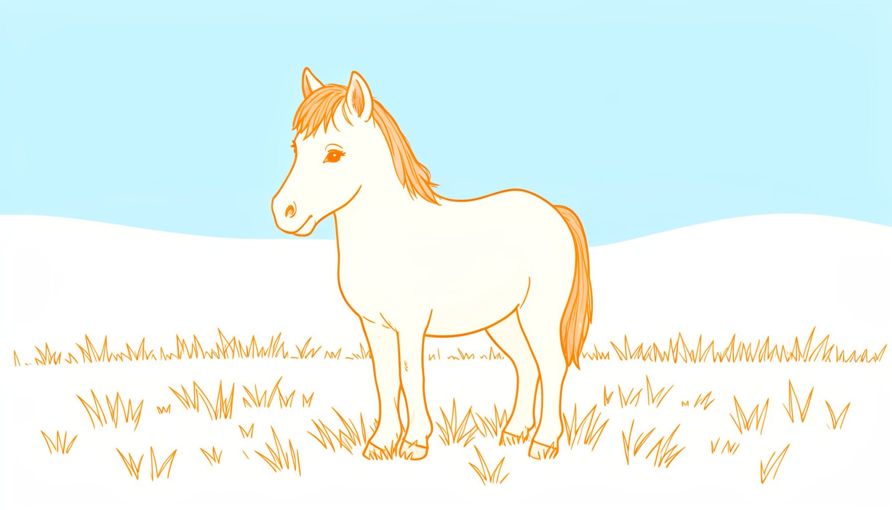 A simple line drawing of a small Shetland pony standing in a grassy paddock, with a soft cream and warm brown coat, gentle and calm.
