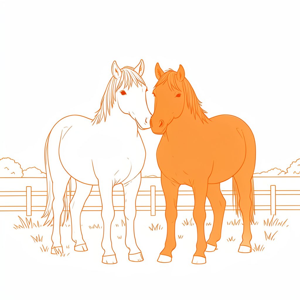 Line drawing of a pair of Shetland ponies, one grey and one bay, standing together in a paddock