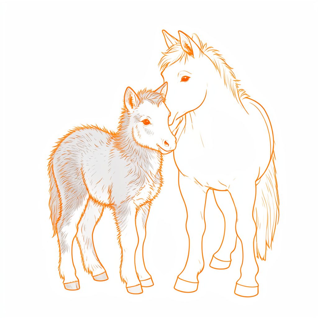 Line drawing of a young Shetland pony foal with a fluffy grey coat, standing beside its mother
