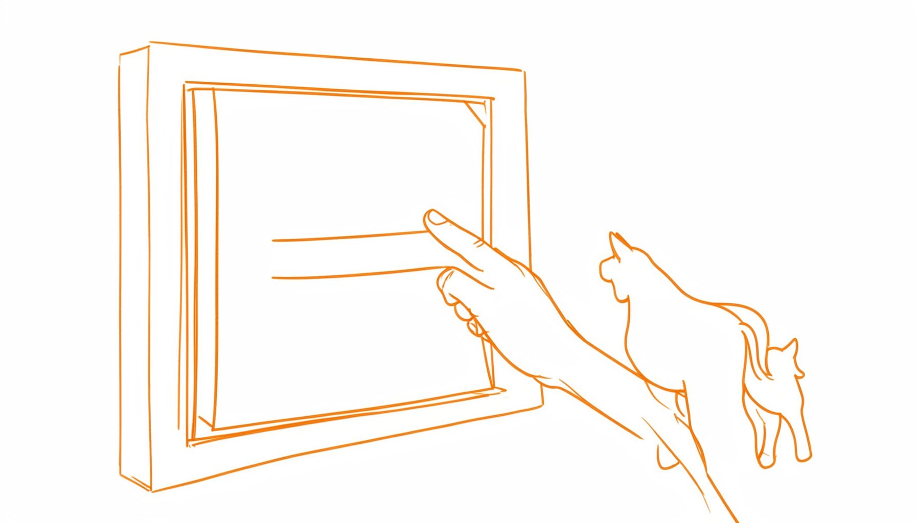 Simple line drawing of a hand placing a notice on a community board, with a small pony silhouette beside it, in warm earthy tones