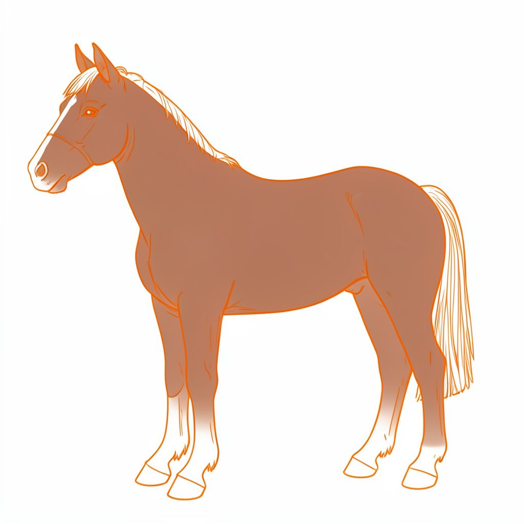 Line drawing of a sturdy standard Shetland pony with a dark brown coat, shown in profile