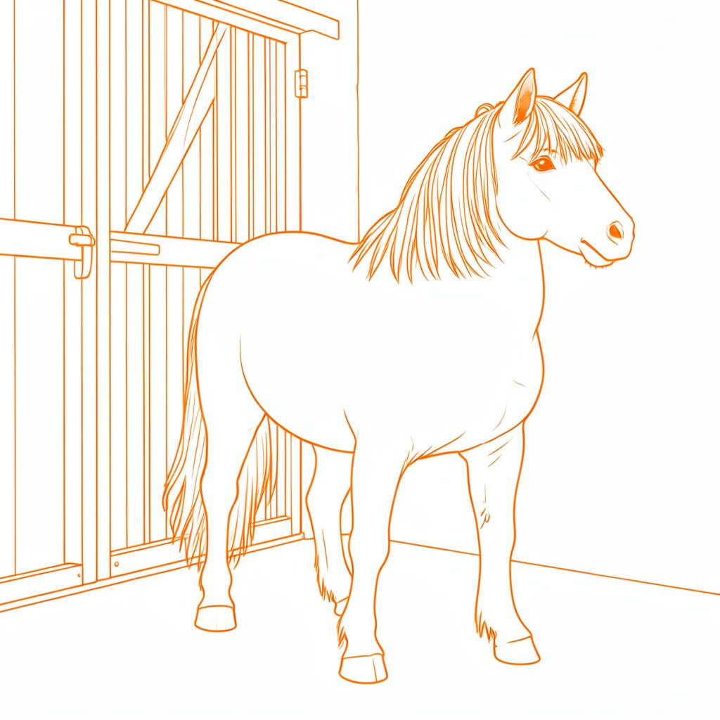 Line drawing of a chestnut Shetland pony with a flaxen mane, standing near a stable door