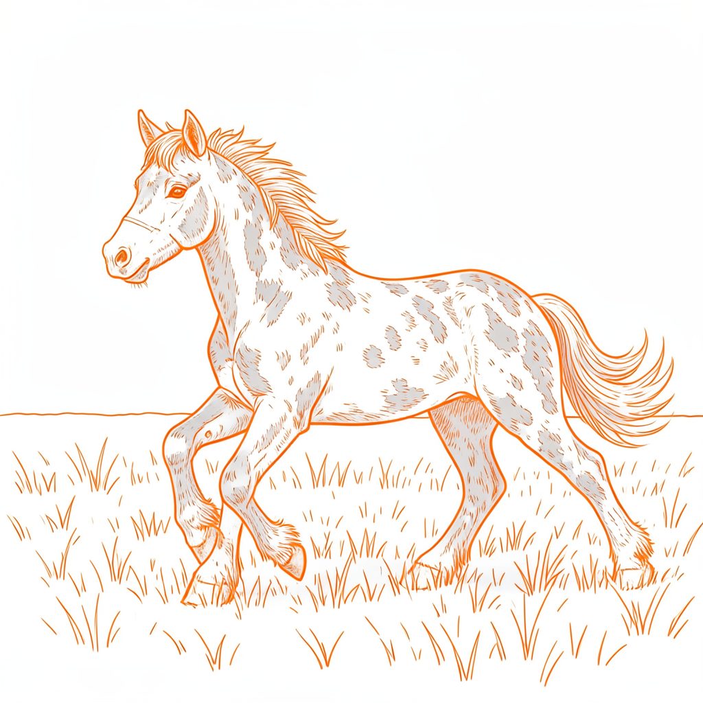 Line drawing of a midi Shetland pony with a dappled grey coat trotting across a field