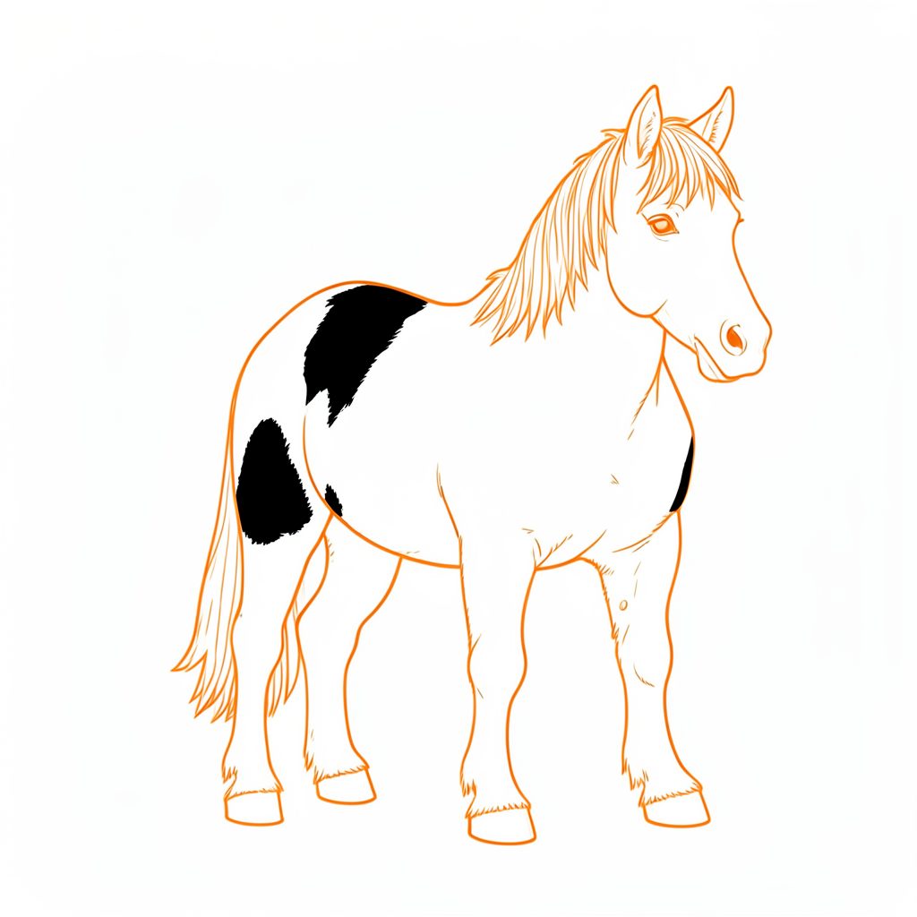 Line drawing of a midi Shetland pony with a piebald coat pattern, black and white patches